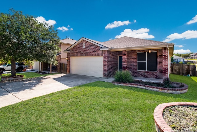 single story home featuring an attached garage, driveway, a front lawn, and brick siding