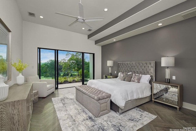 bedroom with visible vents, access to outside, and recessed lighting