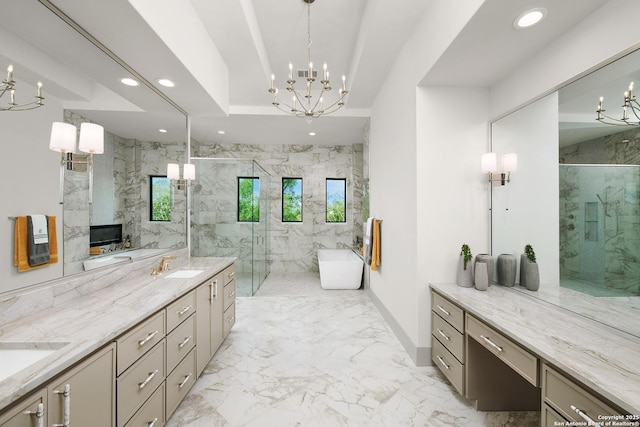 bathroom featuring a notable chandelier, recessed lighting, a marble finish shower, marble finish floor, and a sink