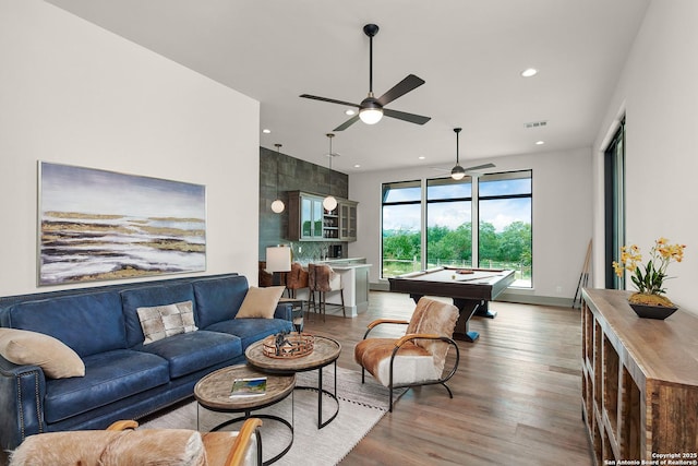 living room featuring visible vents, ceiling fan, recessed lighting, wood finished floors, and pool table