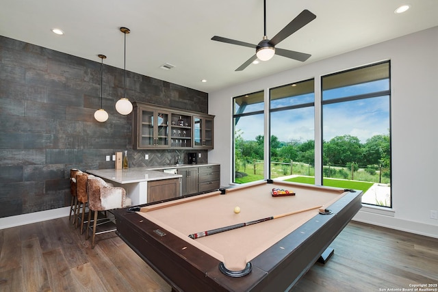 playroom with visible vents, billiards, and dark wood-style floors
