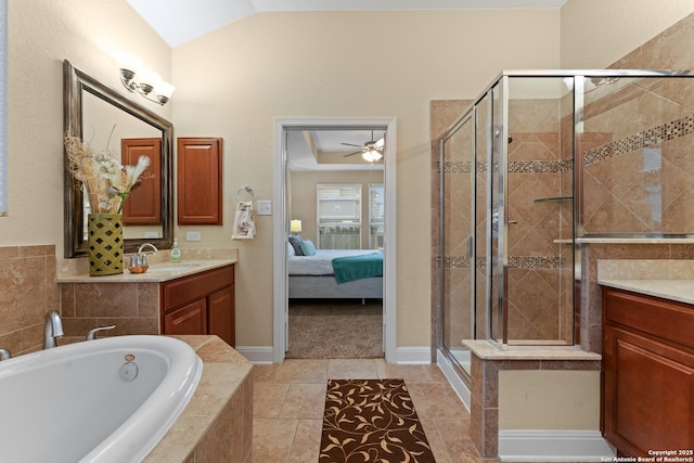 14047 Pikesdale, San Antonio, TX 78253 - ensuite bathroom with a shower stall, a bath, vanity, and vaulted ceiling