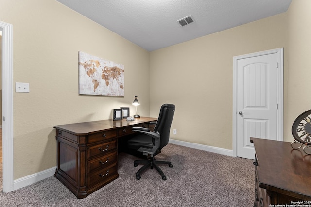 14047 Pikesdale, San Antonio, TX 78253 - home office with visible vents, baseboards, carpet flooring, and a textured ceiling