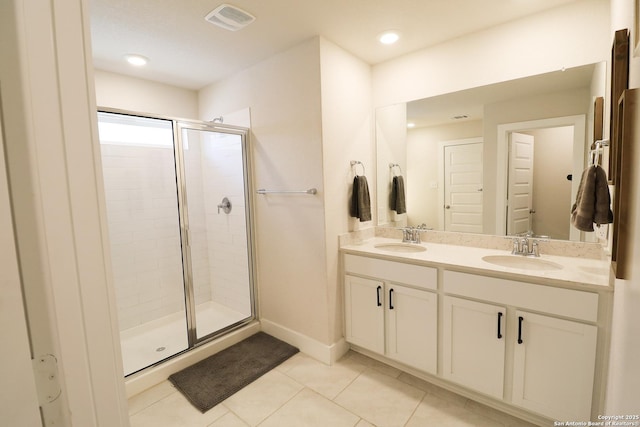 5544 Jewel, San Antonio, TX 78266 - bathroom featuring a shower stall, a sink, tile patterned flooring, and visible vents