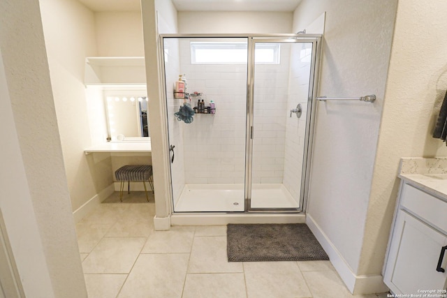 5544 Jewel, San Antonio, TX 78266 - bathroom featuring tile patterned floors, vanity, baseboards, and a stall shower