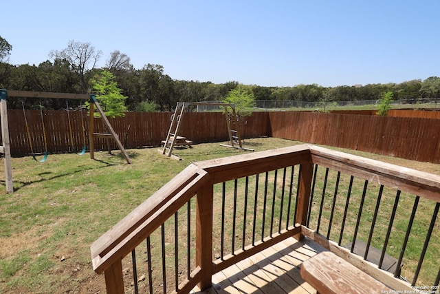 5544 Jewel, San Antonio, TX 78266 - wooden terrace featuring a yard, a fenced backyard, and a playground