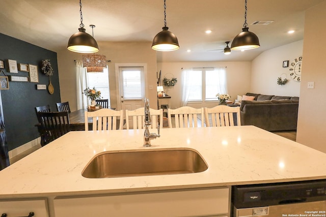 5544 Jewel, San Antonio, TX 78266 - kitchen with dishwasher, a sink, open floor plan, ceiling fan, and pendant lighting