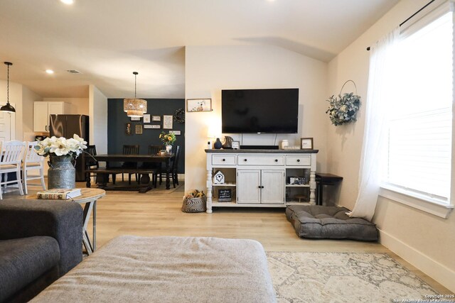 5544 Jewel, San Antonio, TX 78266 - living room with recessed lighting, light wood-type flooring, baseboards, and lofted ceiling