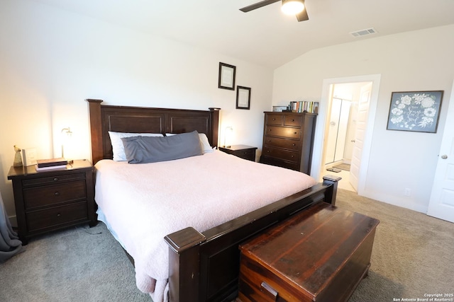 5544 Jewel, San Antonio, TX 78266 - carpeted bedroom with ceiling fan, ensuite bath, visible vents, lofted ceiling, and baseboards