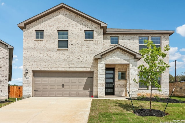 18107 Ansley, San Antonio, TX 78247 - view of front of property with concrete driveway, stone siding, an attached garage, brick siding, and fence