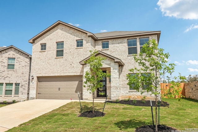 18107 Ansley, San Antonio, TX 78247 - traditional-style house with a front yard, an attached garage, stone siding, fence, and concrete driveway