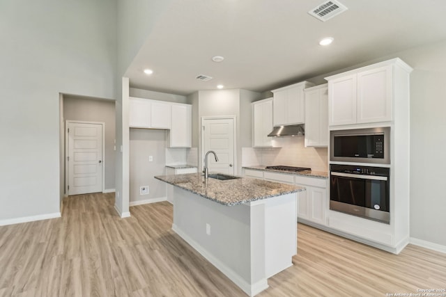 18107 Ansley, San Antonio, TX 78247 - kitchen featuring visible vents, a sink, under cabinet range hood, stainless steel appliances, and light wood-style flooring