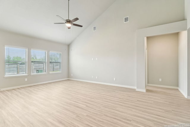 18107 Ansley, San Antonio, TX 78247 - spare room with baseboards, light wood-type flooring, a ceiling fan, visible vents, and high vaulted ceiling