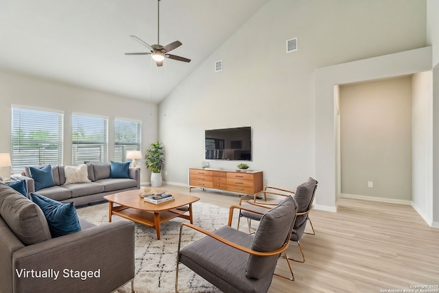 18107 Ansley, San Antonio, TX 78247 - living area featuring high vaulted ceiling, light wood-style flooring, a ceiling fan, visible vents, and baseboards