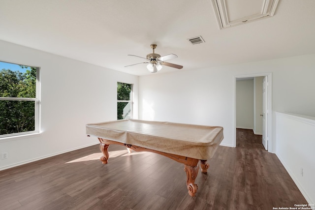 rec room featuring baseboards, billiards, visible vents, ceiling fan, and wood finished floors