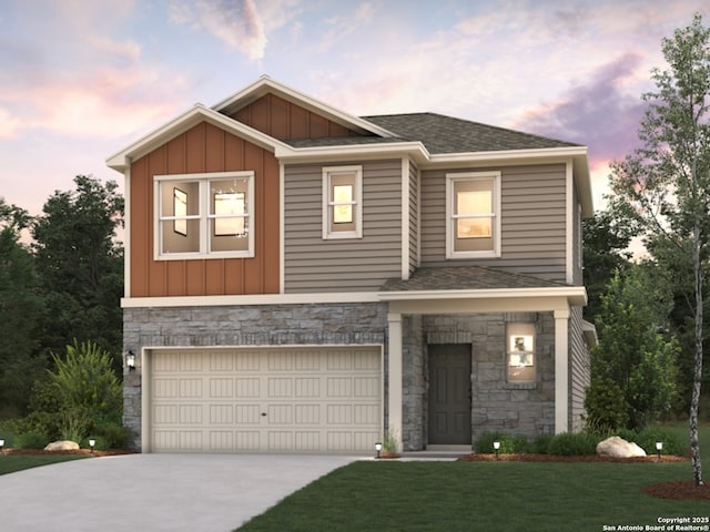 view of front of home featuring board and batten siding, an attached garage, stone siding, and concrete driveway