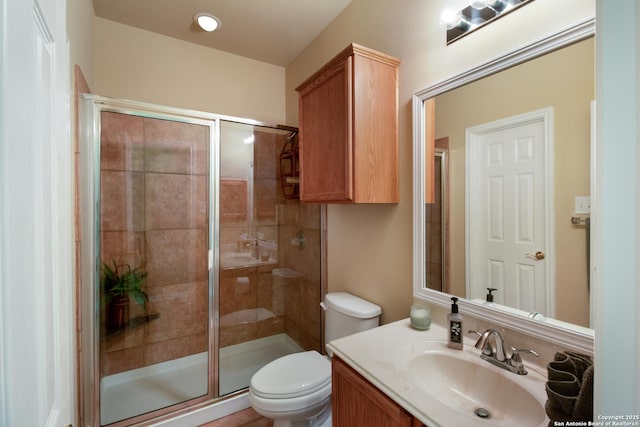 full bathroom with a shower stall, vanity, and toilet