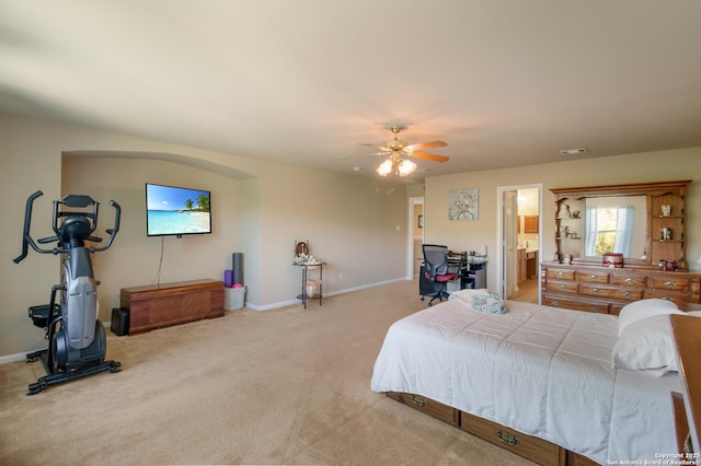 bedroom featuring visible vents, baseboards, a ceiling fan, and carpet flooring