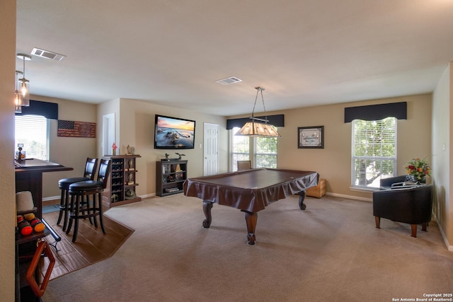 game room featuring visible vents, baseboards, billiards, and carpet floors