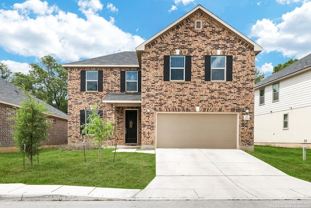 26019 Florencia Villa, Boerne, TX 78015 - view of front of property featuring a garage, a front yard, driveway, and brick siding