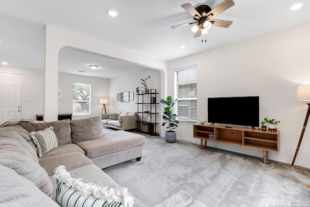 26019 Florencia Villa, Boerne, TX 78015 - carpeted living area featuring recessed lighting, baseboards, and ceiling fan