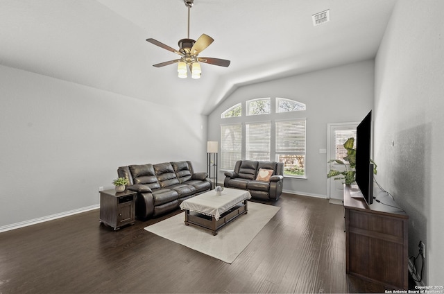 7635 Mission Smt, Boerne, TX 78015 - living area with ceiling fan, dark wood-type flooring, vaulted ceiling, visible vents, and baseboards