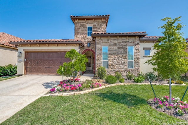 22522 Estacado, San Antonio, TX 78261 - mediterranean / spanish-style house featuring a tiled roof, a front yard, stone siding, an attached garage, and driveway