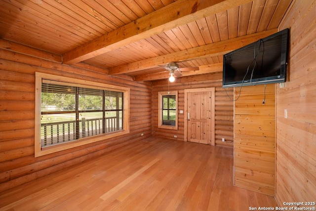 463 Woodland, Fredericksburg, TX 78624 - unfurnished room featuring ceiling fan, rustic walls, wood finished floors, beamed ceiling, and wood ceiling