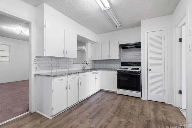123 Haby Dr, San Antonio, TX 78212 - kitchen featuring a textured ceiling, white cabinetry, under cabinet range hood, gas stove, and a sink