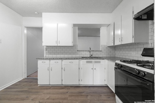 123 Haby Dr, San Antonio, TX 78212 - kitchen with tasteful backsplash, gas range oven, white cabinetry, under cabinet range hood, and a sink