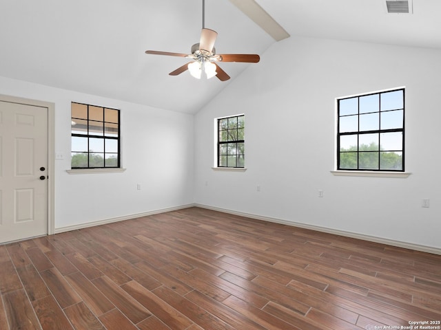 601 Wildflower Dr, Lytle, TX 78052 - unfurnished room featuring wood finished floors, high vaulted ceiling, a ceiling fan, and visible vents