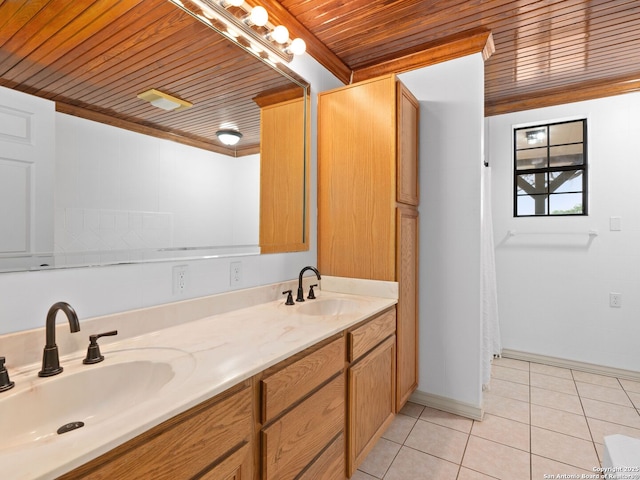 601 Wildflower Dr, Lytle, TX 78052 - full bath with a sink, double vanity, tile patterned flooring, and wood ceiling