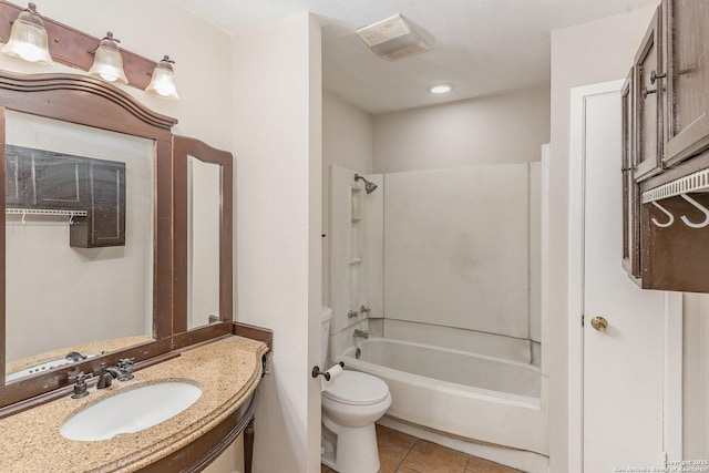 bathroom featuring toilet, tile patterned floors, vanity, and shower / bathtub combination