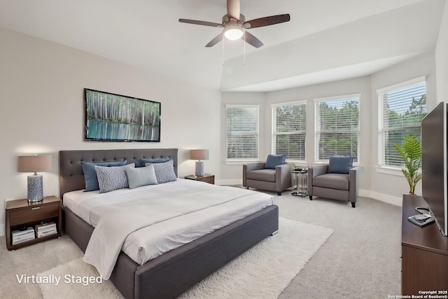 17110 Autry Fls, San Antonio, TX 78247 - bedroom with light carpet, vaulted ceiling, and a ceiling fan