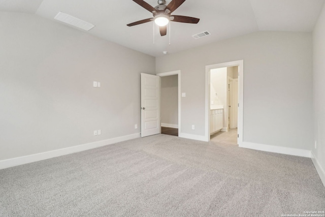 17110 Autry Fls, San Antonio, TX 78247 - unfurnished bedroom with vaulted ceiling, light colored carpet, ensuite bathroom, and a ceiling fan
