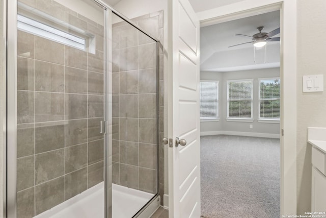17110 Autry Fls, San Antonio, TX 78247 - bathroom featuring a shower stall, vanity, and ceiling fan
