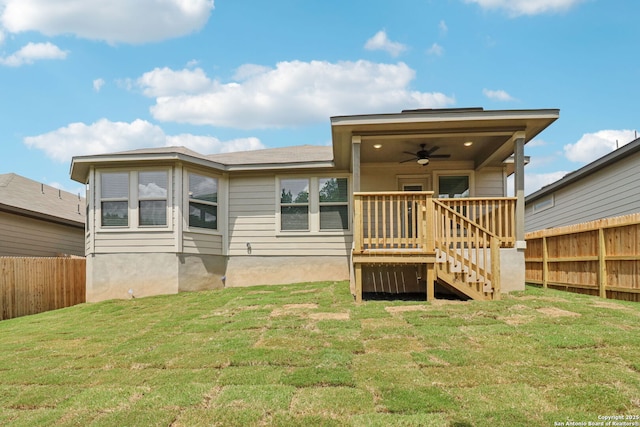 17110 Autry Fls, San Antonio, TX 78247 - rear view of house featuring a ceiling fan, a fenced backyard, and stairs