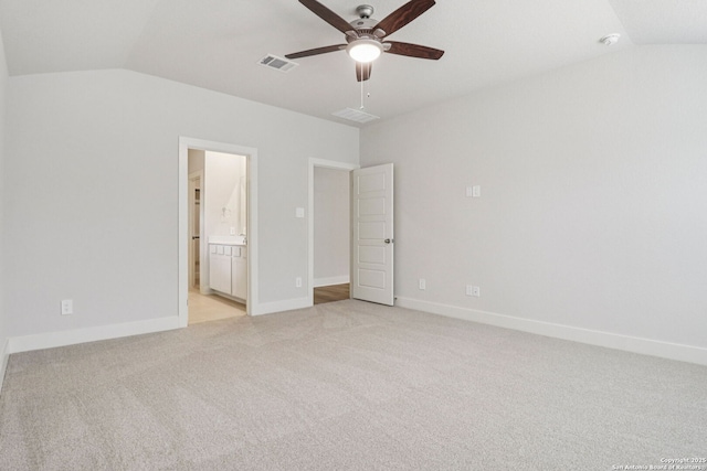 17114 Autry Fls, San Antonio, TX 78247 - unfurnished bedroom with vaulted ceiling, light colored carpet, ensuite bath, and a ceiling fan