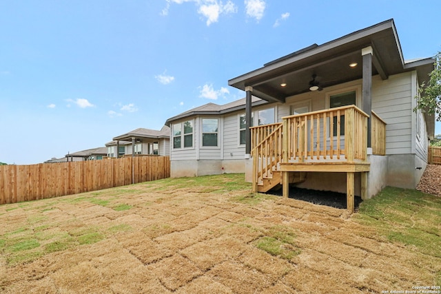 17114 Autry Fls, San Antonio, TX 78247 - back of property featuring a ceiling fan, stairway, and a wooden deck