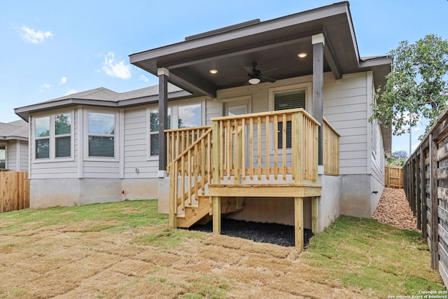 17114 Autry Fls, San Antonio, TX 78247 - rear view of property featuring a fenced backyard, ceiling fan, a wooden deck, and stairs