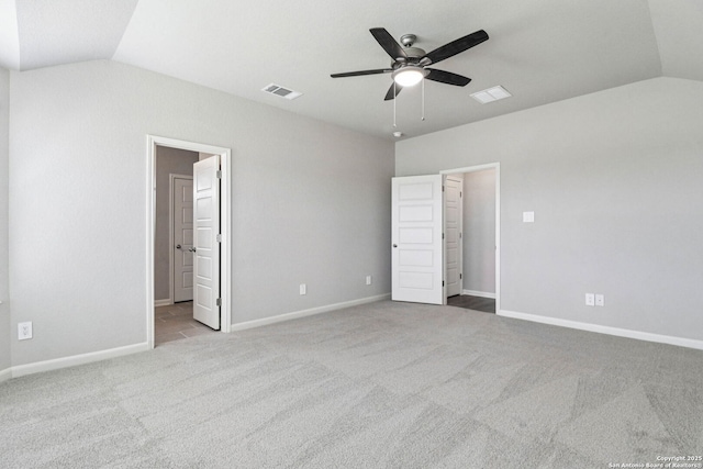11538 Cottage Pt, San Antonio, TX 78254 - unfurnished bedroom with vaulted ceiling, carpet, ensuite bath, and ceiling fan