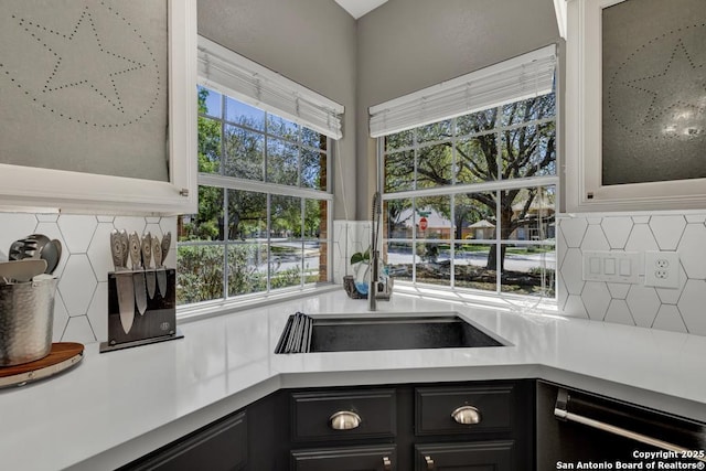 1780 Oak Frst, New Braunfels, TX 78132 - kitchen featuring light countertops, a sink, black dishwasher, and decorative backsplash