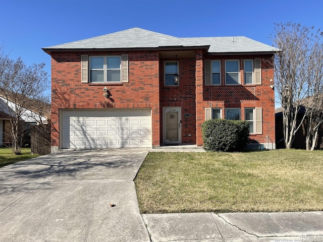 view of front of property featuring an attached garage, driveway, a front lawn, and brick siding