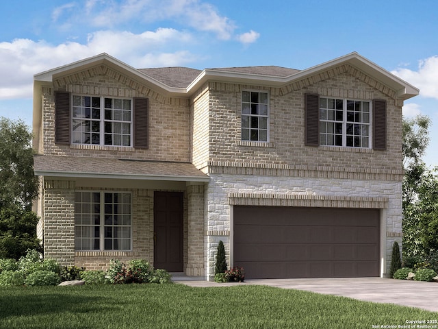 11530 Cottage Pt, San Antonio, TX 78254 - traditional-style home with a garage, concrete driveway, brick siding, and a front lawn