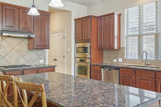 kitchen with decorative light fixtures, a sink, under cabinet range hood, stainless steel appliances, and backsplash