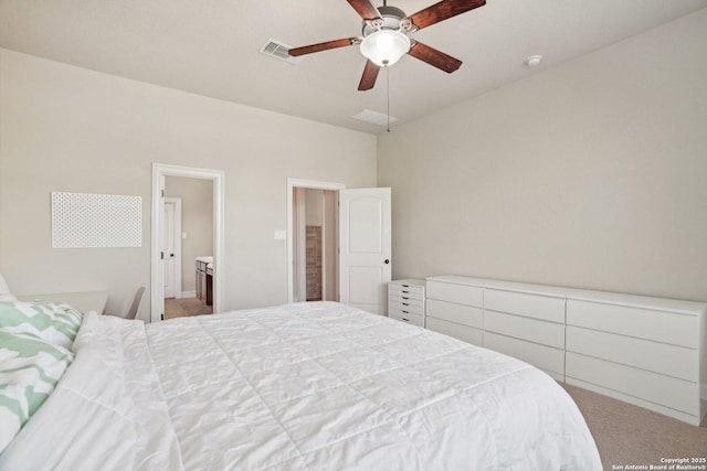 bedroom featuring ceiling fan, visible vents, and carpet floors