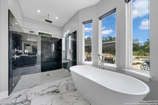 full bath featuring a walk in shower, plenty of natural light, a freestanding bath, and recessed lighting