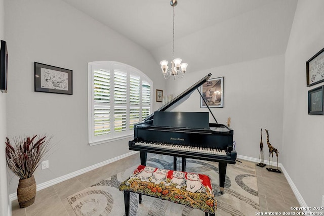 living area featuring light tile patterned floors, baseboards, a chandelier, and vaulted ceiling