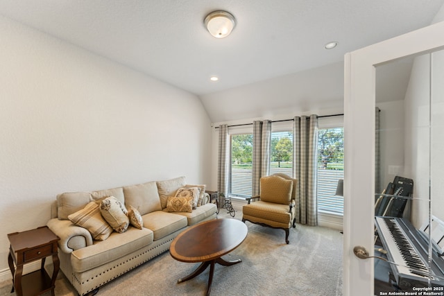 581 Vale Ct, New Braunfels, TX 78132 - carpeted living area with recessed lighting and vaulted ceiling