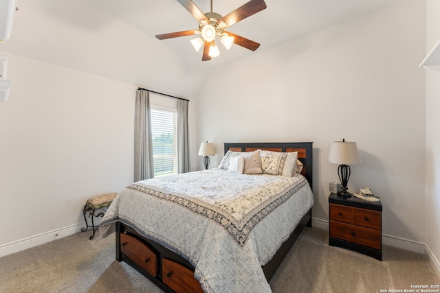 581 Vale Ct, New Braunfels, TX 78132 - carpeted bedroom featuring baseboards, a ceiling fan, and lofted ceiling